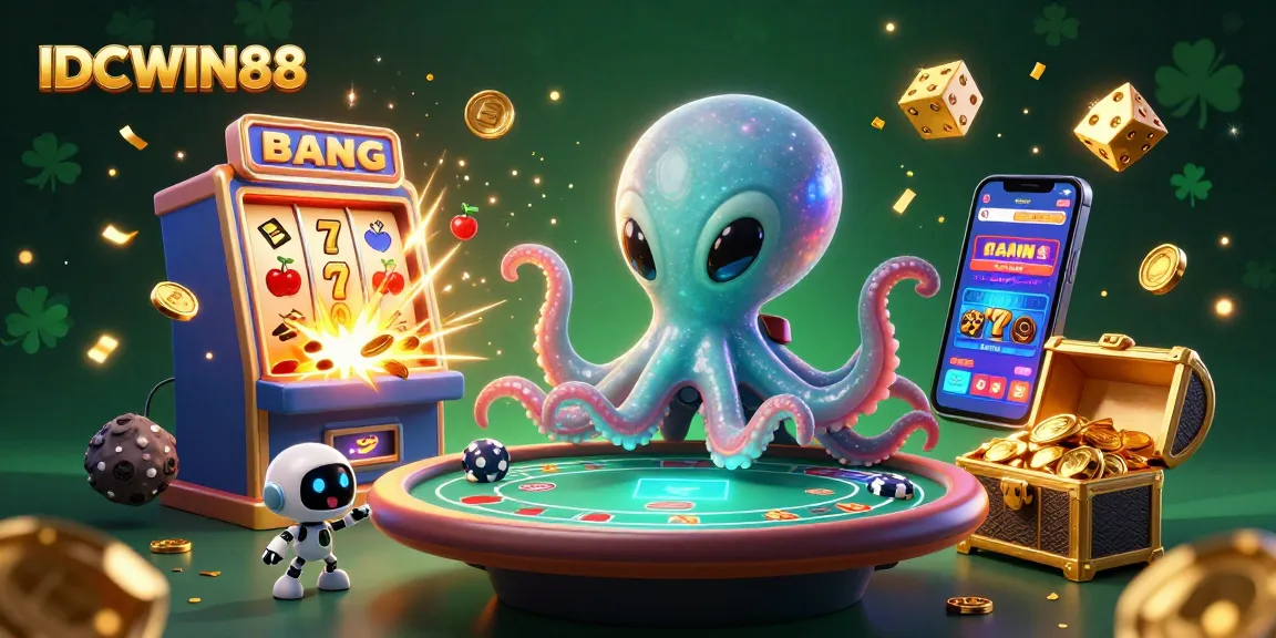 Experience thrilling wins at IDCWIN88 with an alien octopus and jackpot slot machine in this dynamic illustration.