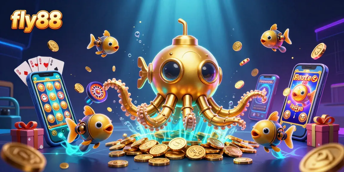 Experience fly88 with a vibrant underwater scene featuring a golden kraken submarine amidst casino elements.