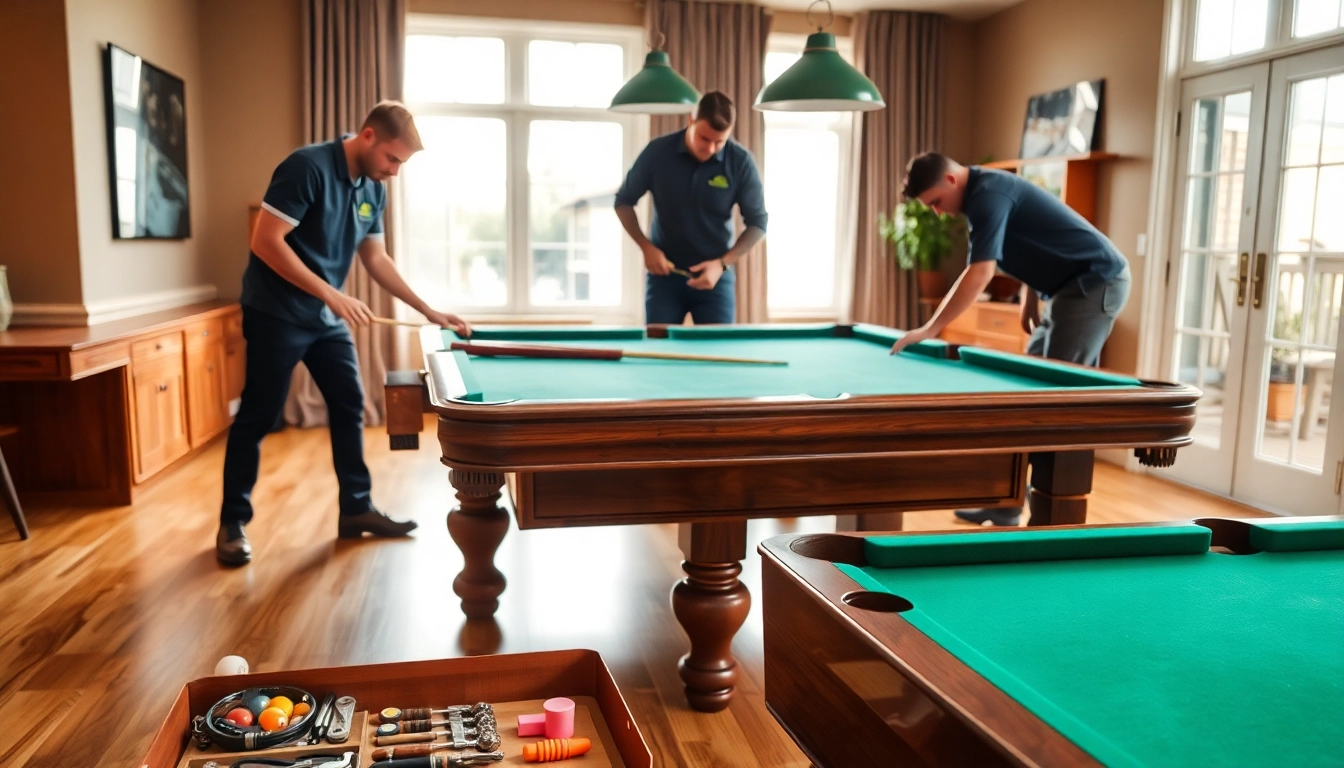Pool Table Locating Service showcased through professional technicians assembling a pool table in a cozy game room.