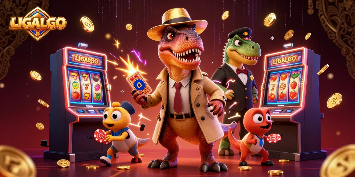 LIGALGO showcases a playful casino scene with a velociraptor card counter at a slot machine, emphasizing vibrant gaming elements.