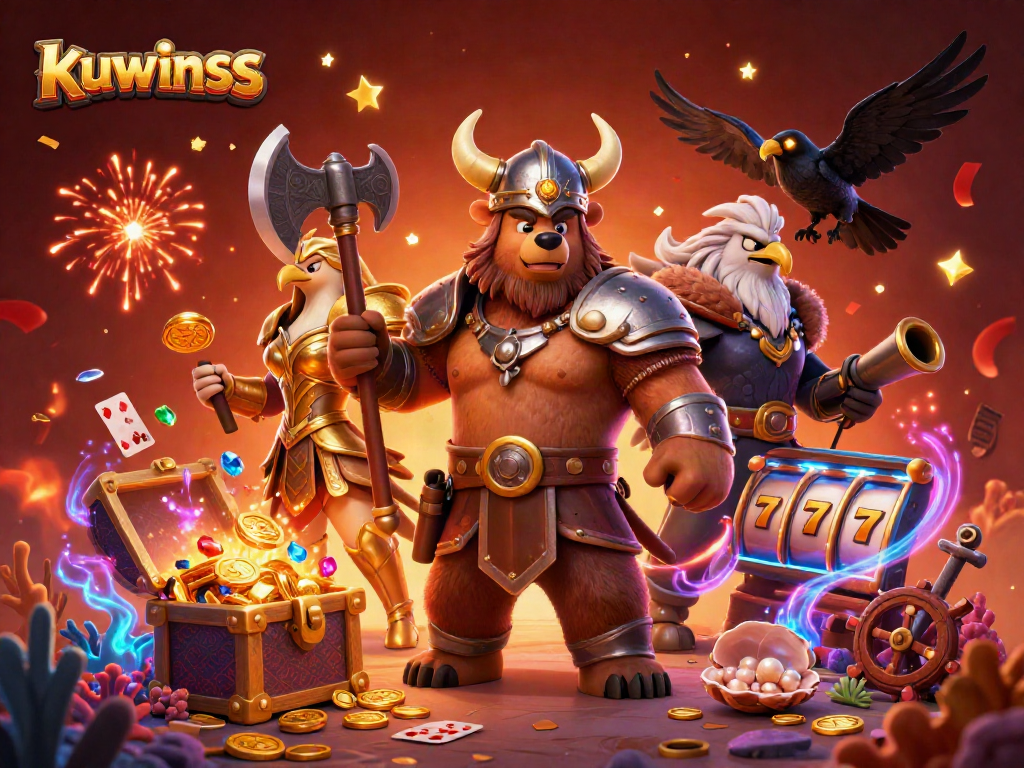 Kuwinss gaming illustration showcases a Viking bear and Valkyrie eagle amidst dynamic casino elements, immersing in a thrilling gambling adventure.