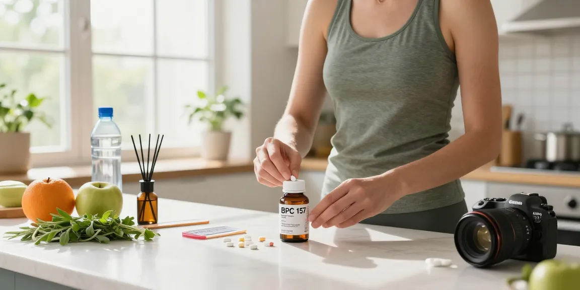 BPC 157 Benefits showcased through a healthy lifestyle scene with buccal strips and fresh ingredients.