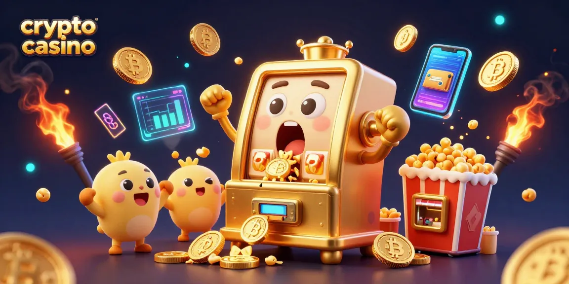 Un casino crypto animé : une machine à sous dorée gagnant un jackpot sous un orage de pièces de monnaie.