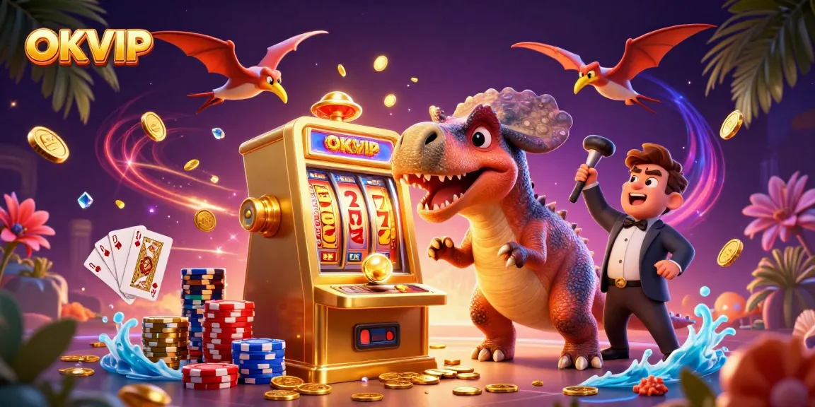 OKVIP showcases a cartoon dinosaur celebrating jackpot wins while a casino manager waves, amidst dynamic casino visuals.
