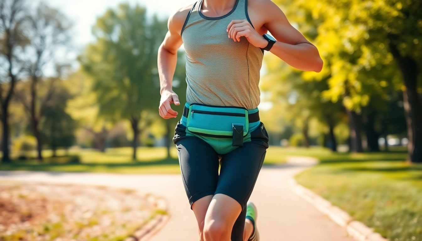 Runner showcasing STRYQ running belts in an active park environment, emphasizing functionality and style.