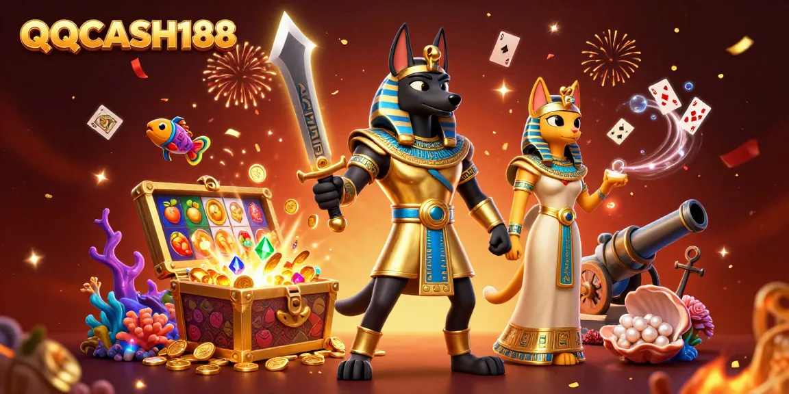 Spin the reels with QQCASH188 in a vibrant, treasure-filled casino scene.