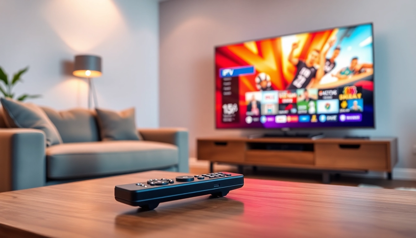 Enjoy a Free IPTV Trial with a modern home entertainment setup featuring vibrant channels.