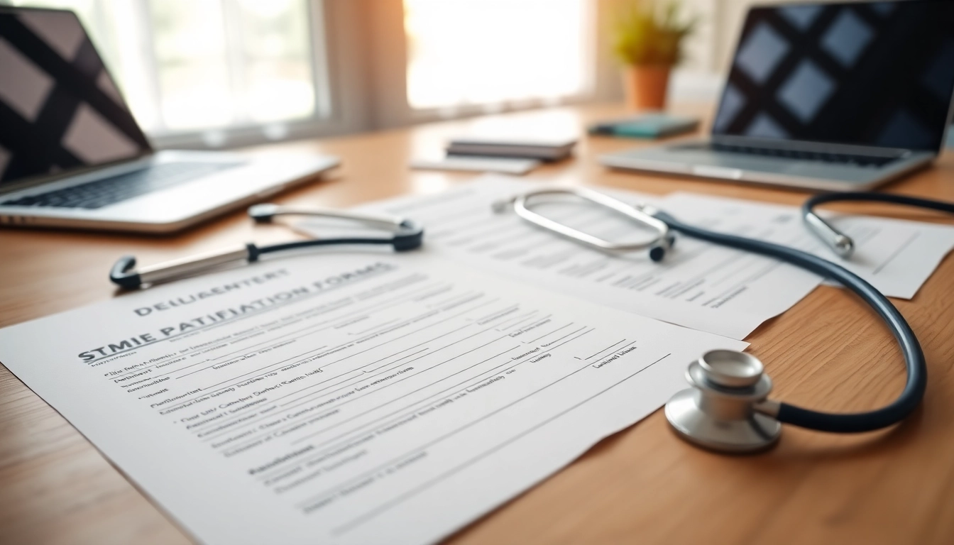 Fill out dental patient forms on a clean desk with a stethoscope and laptop in view.