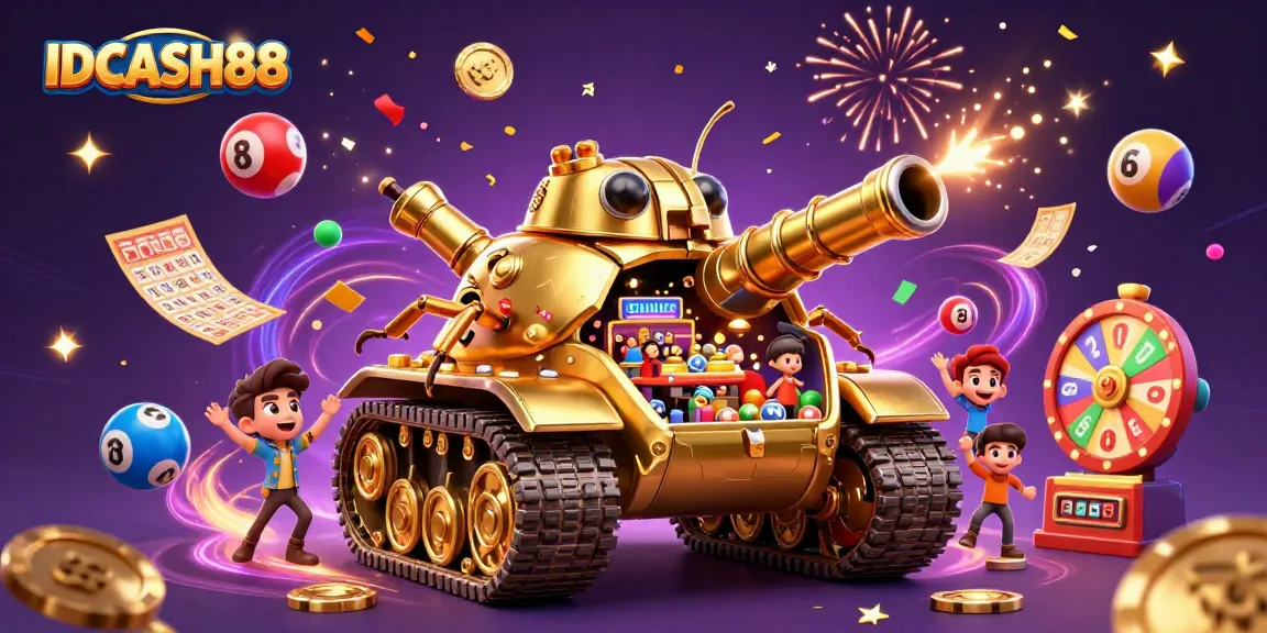 Engaging scene with IDCASH88's vibrant mini casino tank, bursting with lottery balls and confetti.