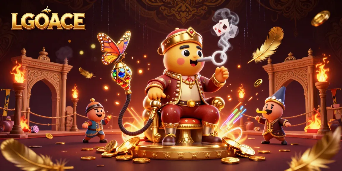 LGOACE showcases a vibrant 3D casino scene featuring a whimsical caterpillar and poker elements.