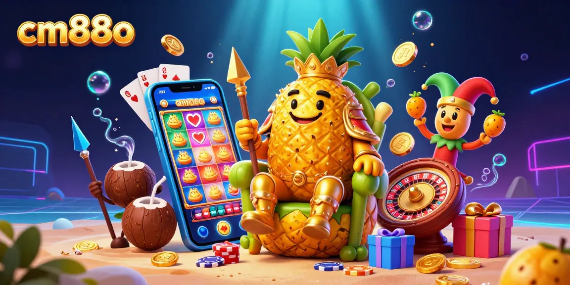 Experience the thrill of cm88o's vibrant beach casino with a golden pineapple king, jester, and exciting slot action.