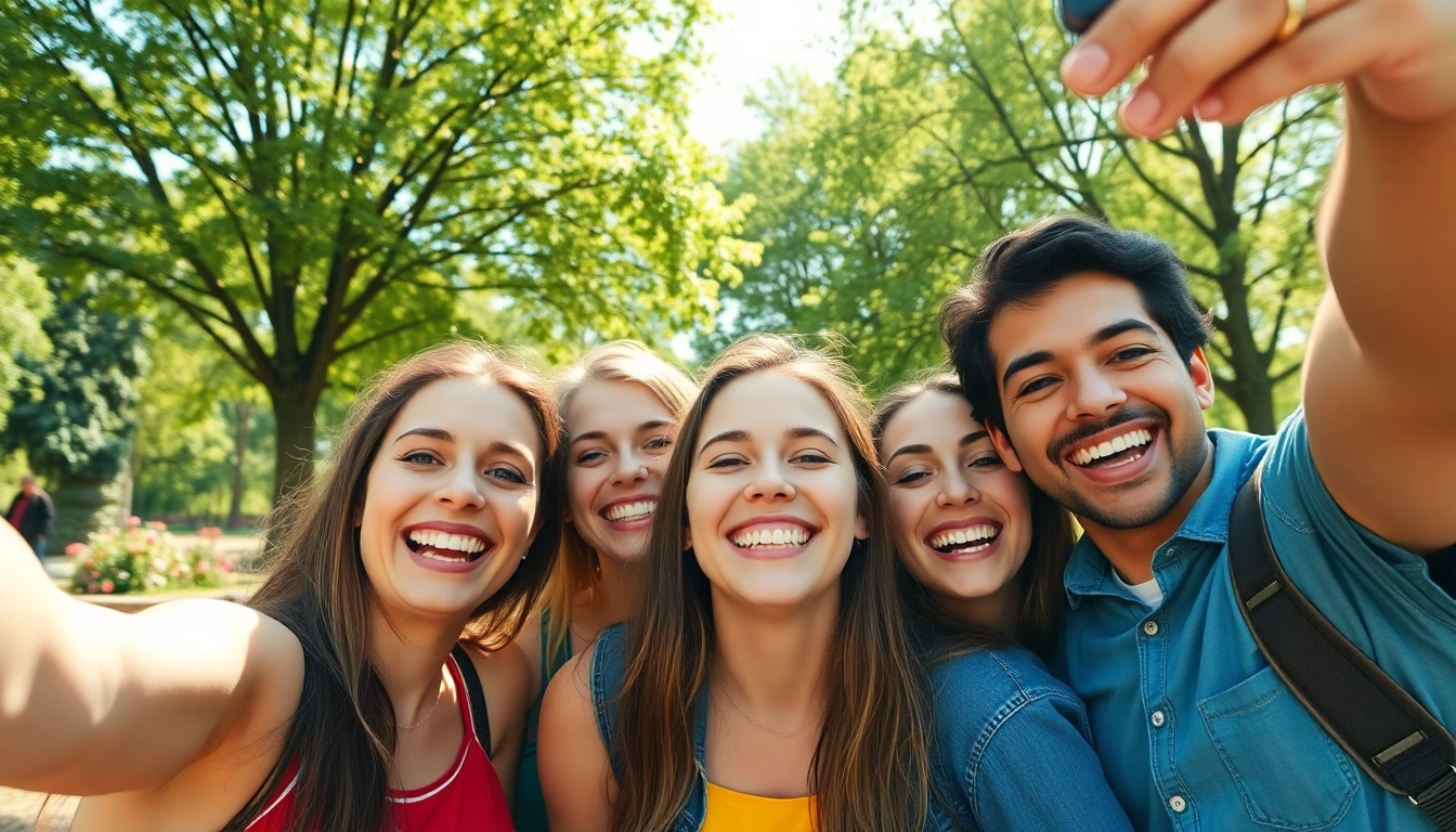 Friends joyfully taking a selfie in a sunlit park with vibrant surroundings.
