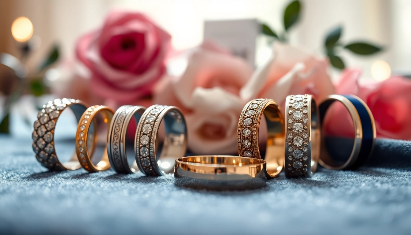 Discover exquisite wedding bands at Gaboni Jewelers arranged on elegant velvet surface.