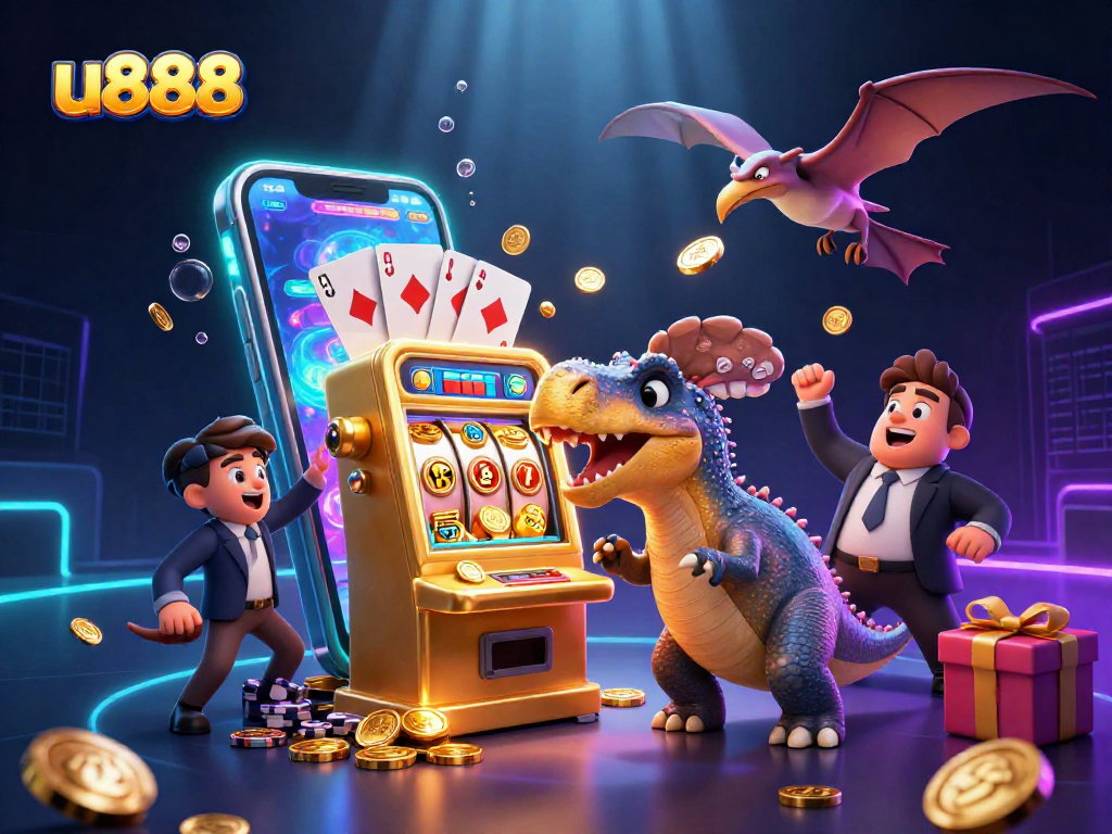 Experience the thrilling world of u888 as a pachycephalosaurus interacts with a golden slot machine amidst a flurry of winning coins.