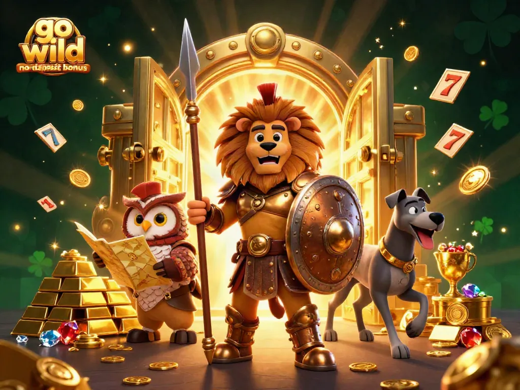 Claim bonuses at go wild casino no deposit bonus with vibrant 3D casino illustration featuring golden treasures.