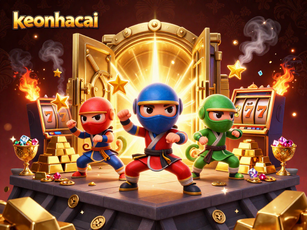 Engage with keonhacai through a dynamic illustration of ninja chameleons in a treasure-filled casino scene.