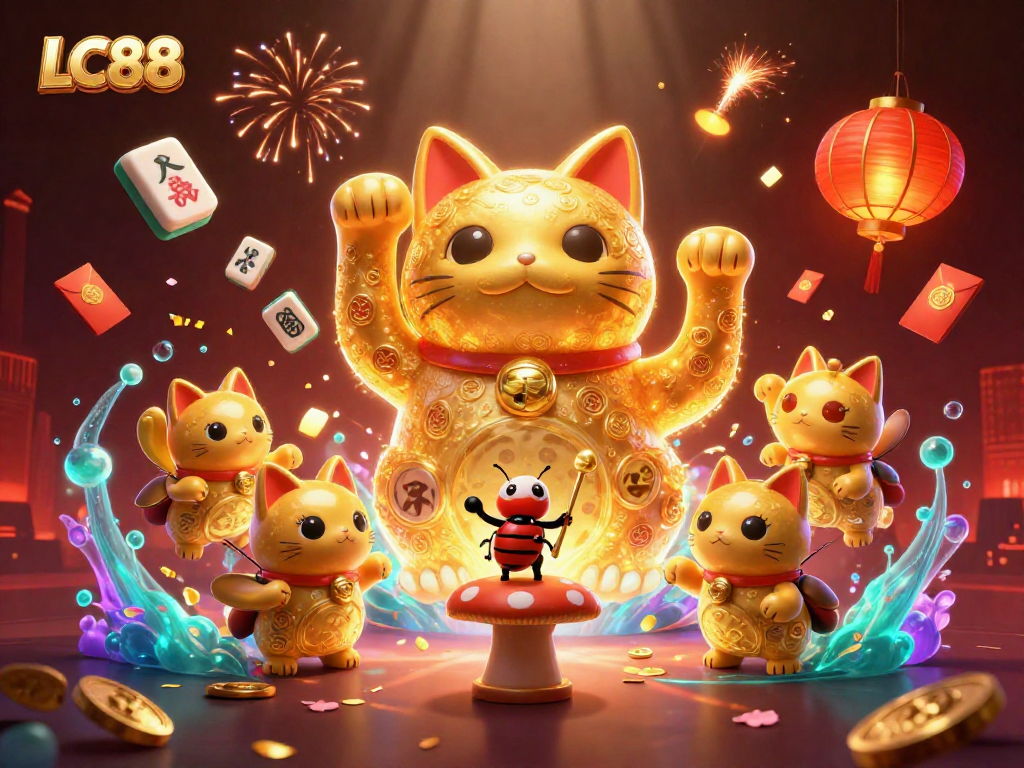 Experience the excitement of LC88 with a giant lucky cat and vibrant casino symbols in a captivating scene.