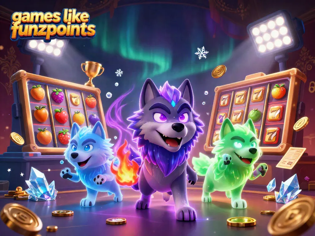 Win big with games like funzpoints in a dynamic 3D casino illustration featuring wolves and slots.