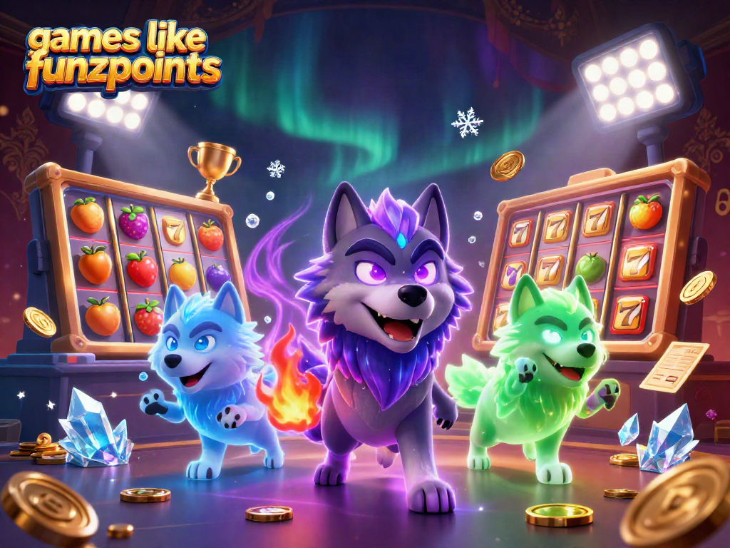 Win big with games like funzpoints in a dynamic 3D casino illustration featuring wolves and slots.