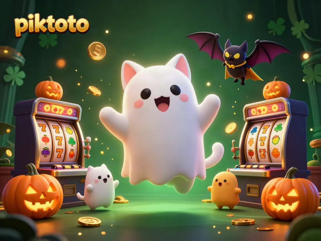 Piktoto showcases a captivating scene with a ghost cat in a haunted casino, surrounded by slot games.