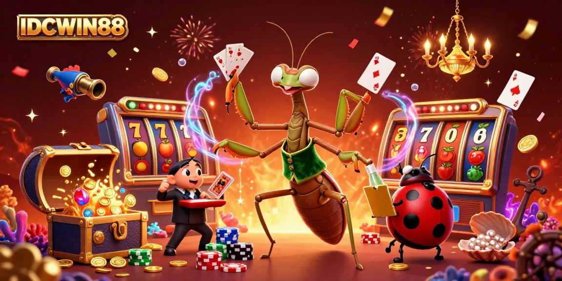 Spin and win with IDCWIN88 at the vibrant casino scene featuring card games and jackpot excitement.