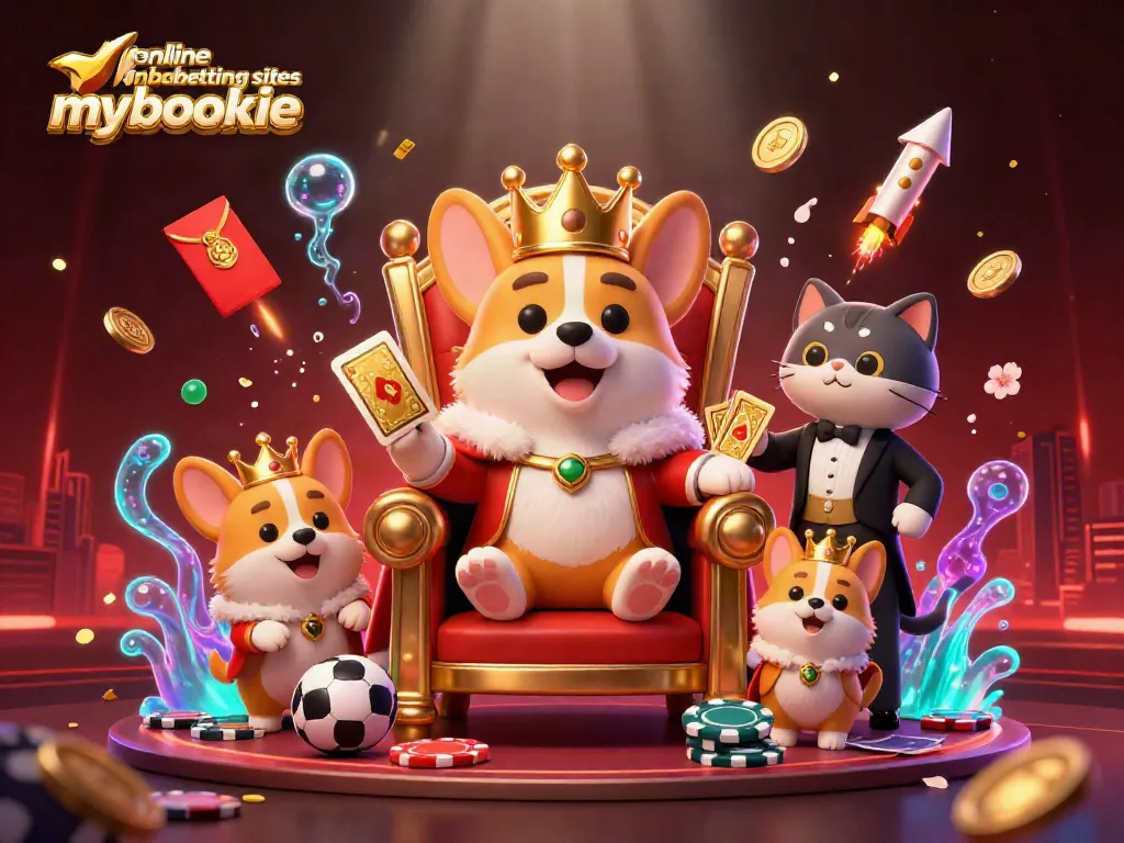 Engage with online wnba betting sites mybookie, a vibrant 3D scene capturing a royal corgi and sports themes.