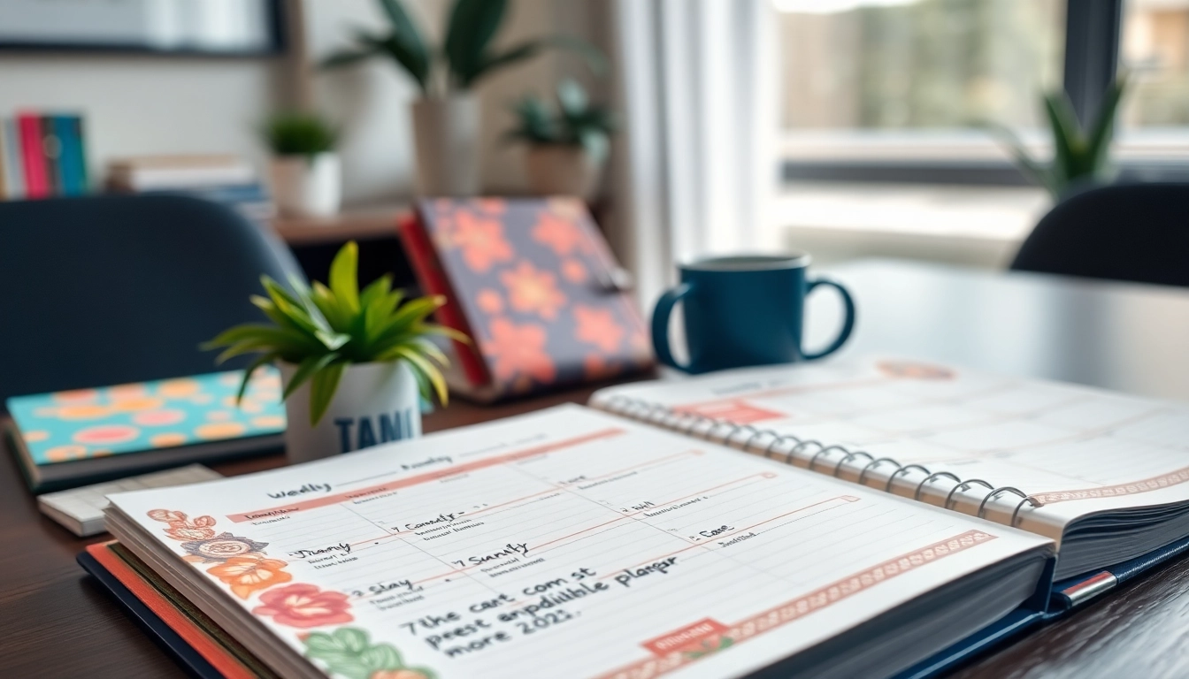 Organized weekly and daily planners showcased on a desk with vibrant designs, inspiring productivity.