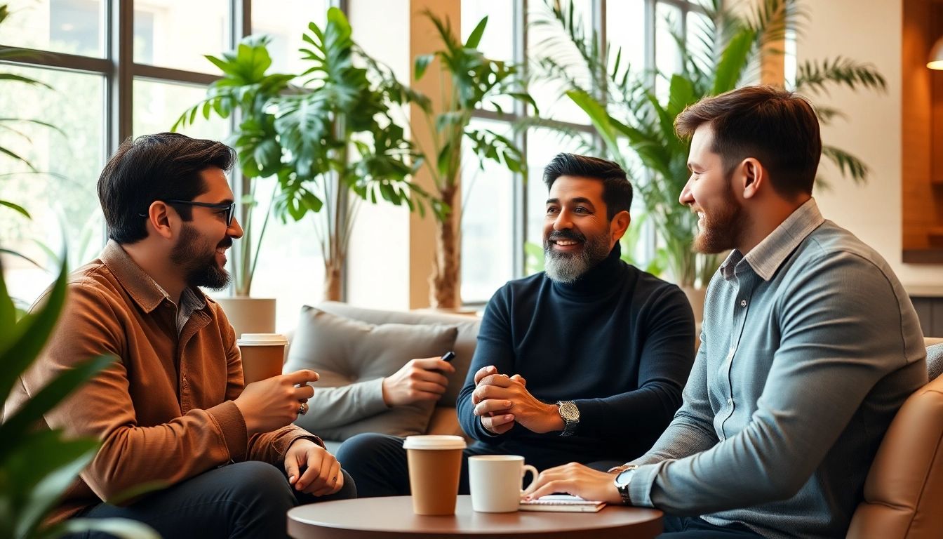 Celebrate men's mental health month with men engaging in supportive conversation in a cozy café.