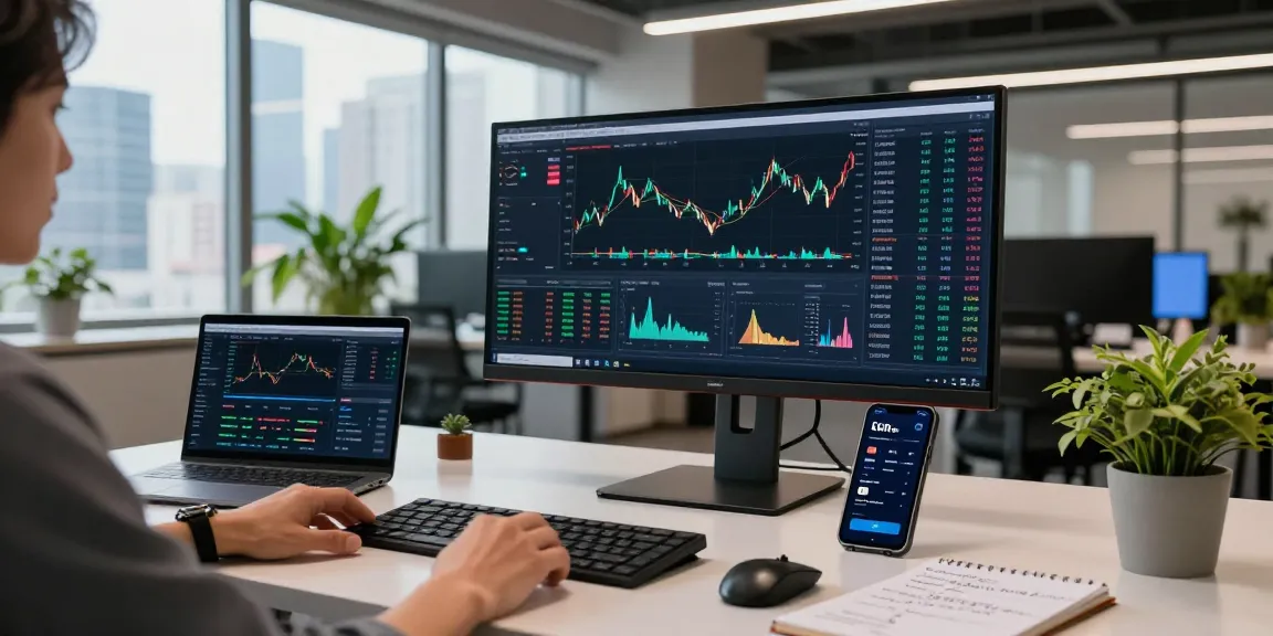 XXKK Exchange workspace with cryptocurrency analysis and trading tools in a modern urban office setup.