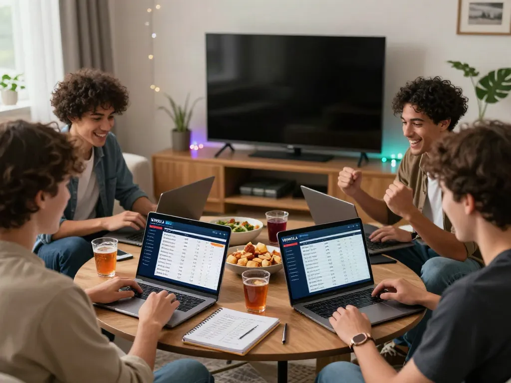 Friends engaging in sports betting analysis on WWBOLA platform in a lively living room.