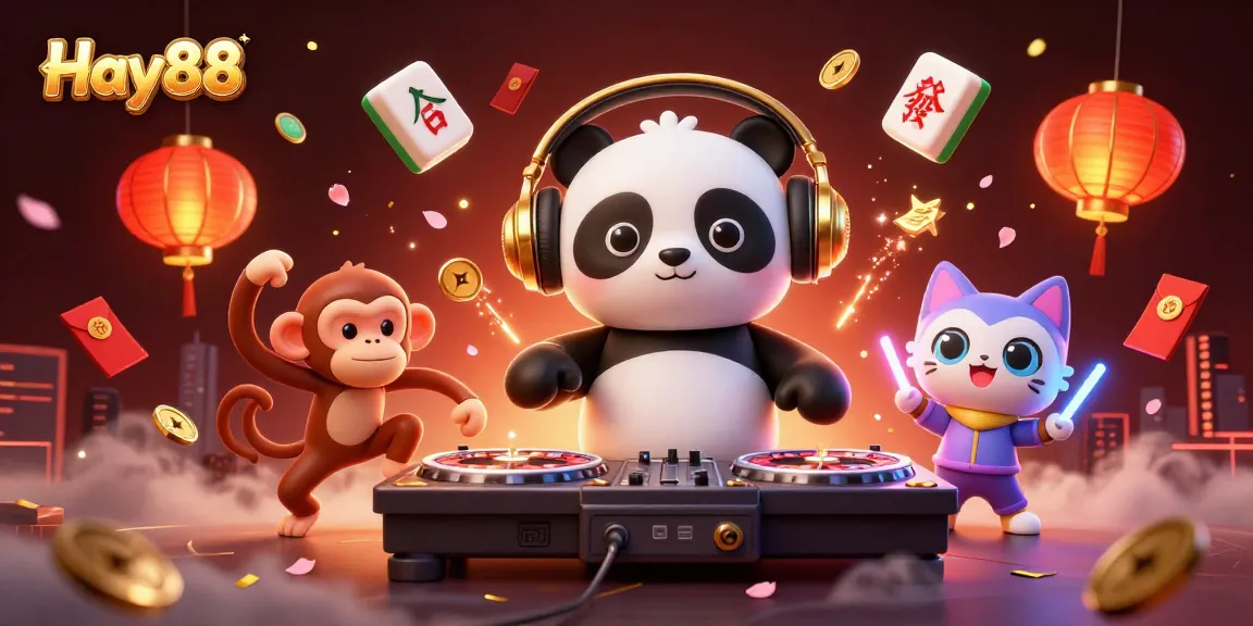 Experience the vibrant energy of Hay88 with a DJ panda, dancing monkey, and glow-stick kitten amidst casino-themed visuals.