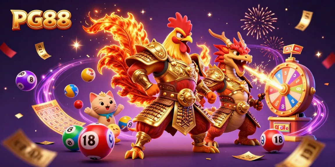 Capture the excitement of PG88 lottery action with dynamic illustrated characters and vibrant gambling elements.