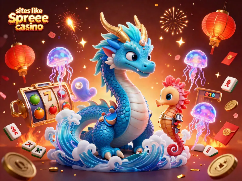Engage with sites like spree casino through an exciting 3D scene featuring a vibrant dragon and gambling elements.