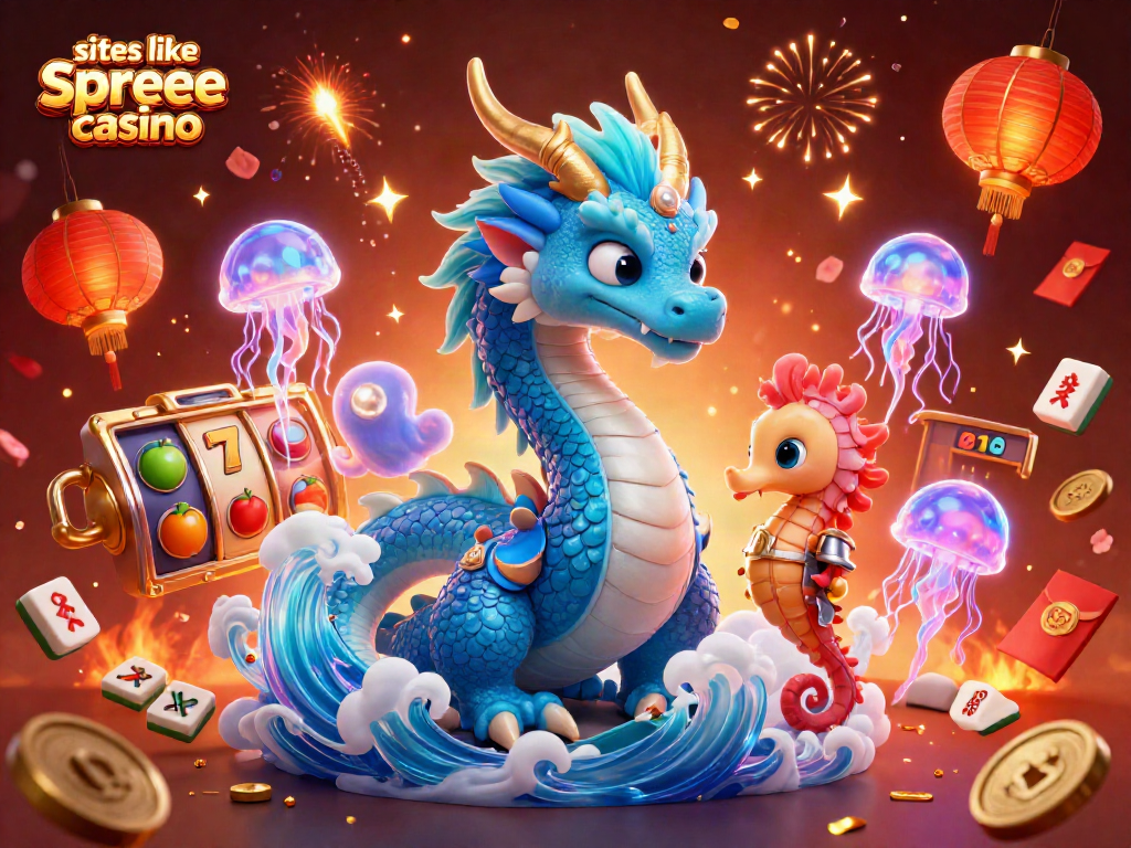 Engage with sites like spree casino through an exciting 3D scene featuring a vibrant dragon and gambling elements.