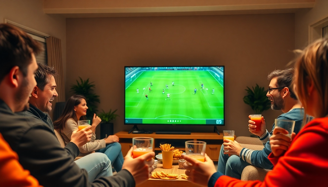 Nonton bola dengan penggemar sepak bola di ruang tamu yang nyaman, menyaksikan pertandingan langsung.