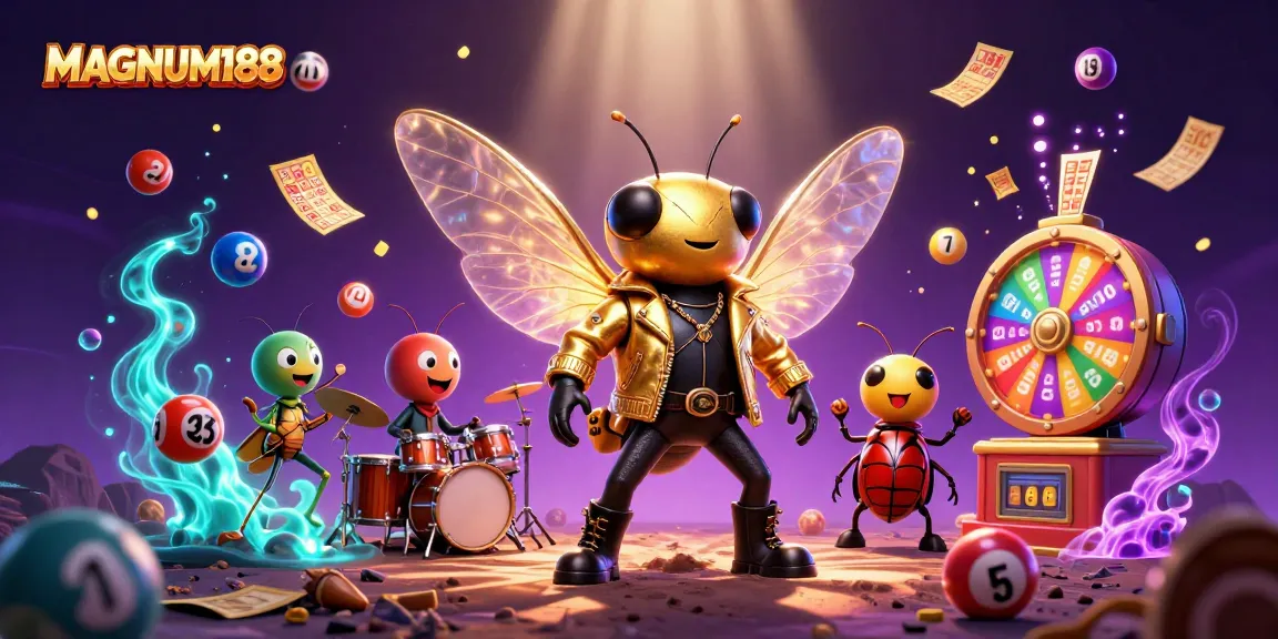 Engage with MAGNUM188's vibrant scene filled with colorful lottery balls and energetic characters.