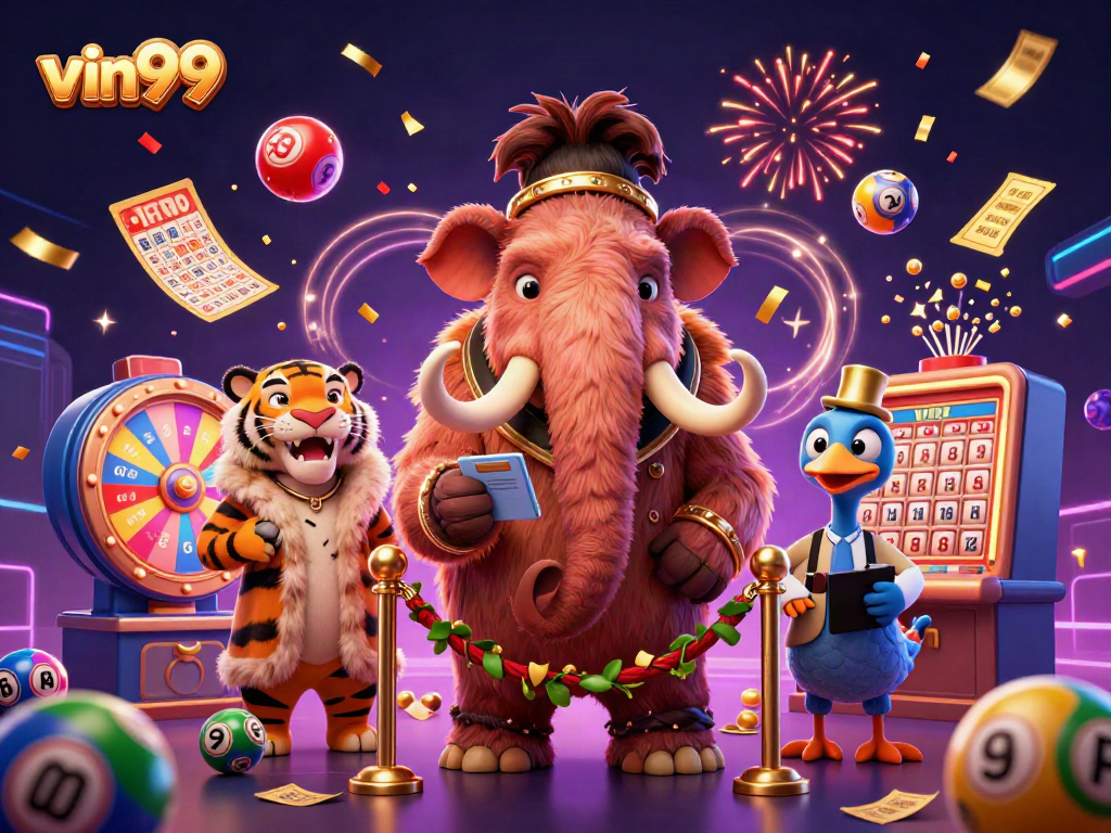 Celebrate exciting games at vin99 with a vibrant 3D casino scene featuring unique characters.