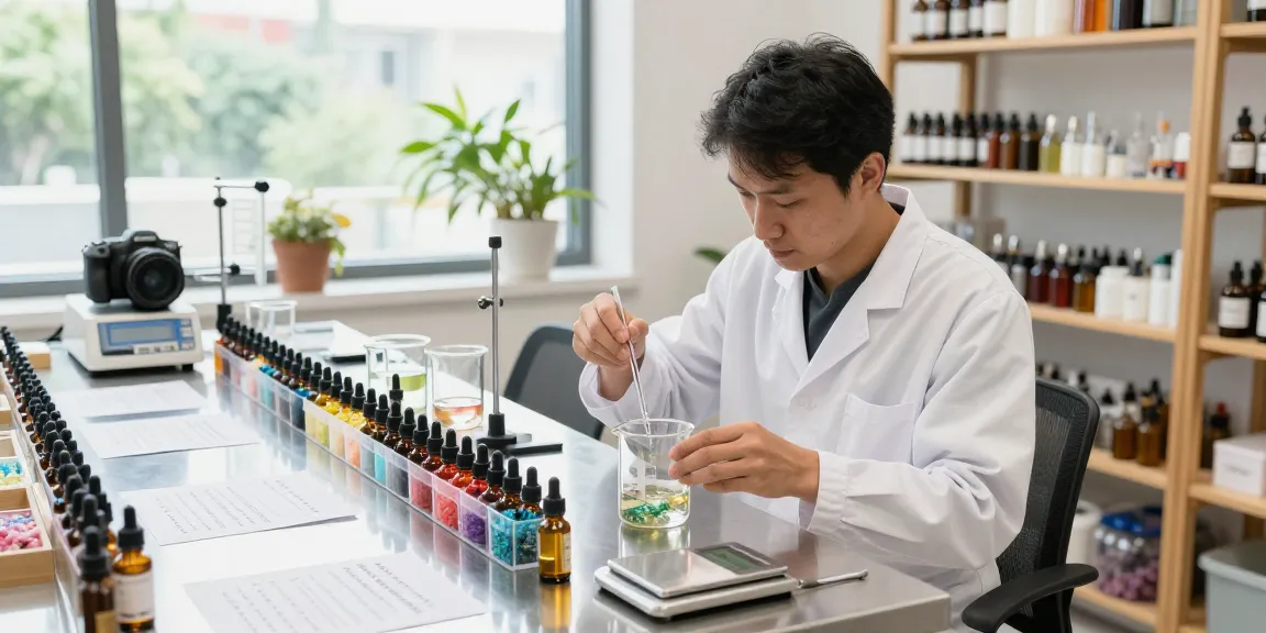 Fragrance Beads Manufacturer blending colorful fragrance oils in a bright workshop.
