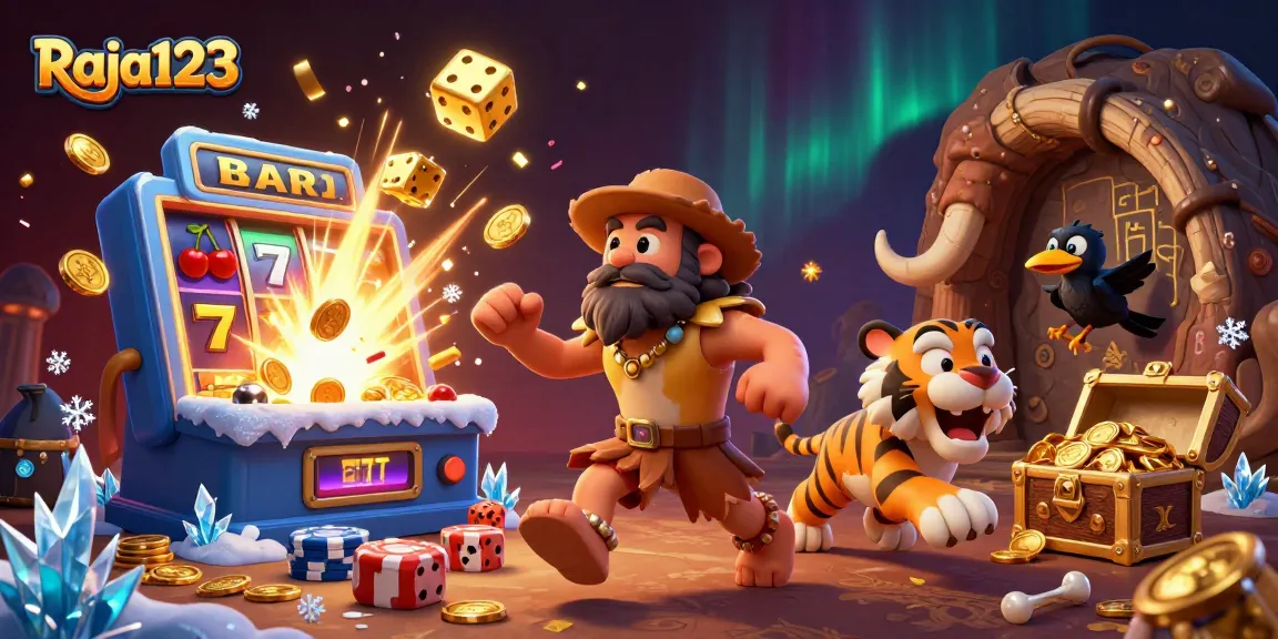 Experience thrilling jackpots at Raja123 with a lively prehistoric casino scene bursting with action and excitement.