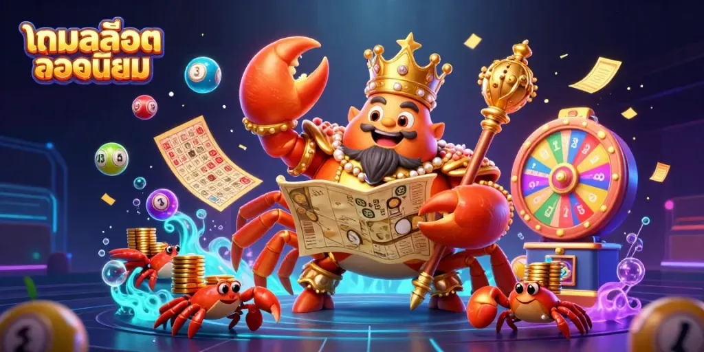 Engage in exciting gameplay withเกมสล็อตยอดนิยม, illustrated in a vibrant, bustling casino scene featuring a golden crab emperor.
