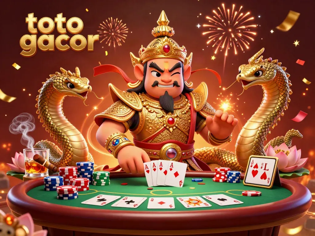Engage with the thrilling toto gacor scene featuring legendary temple guardians and vibrant poker elements, celebrating in a colorful casino atmosphere.