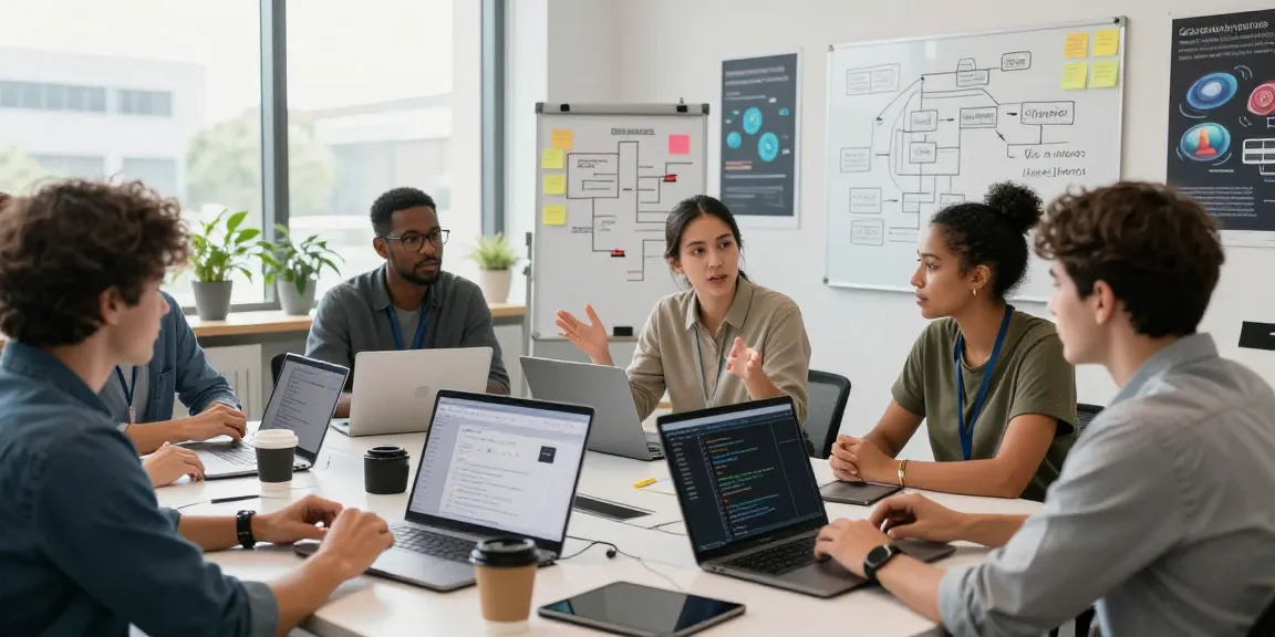 Build internal tools with AI in a collaborative workspace with a diverse team brainstorming and using laptops to develop internal tools.