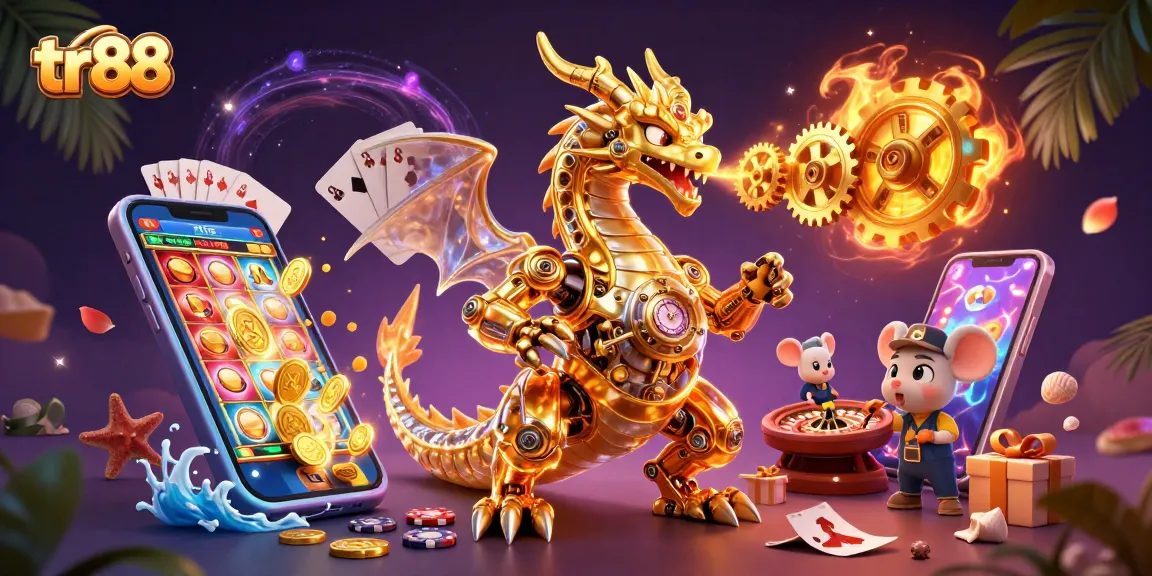 Experience the thrilling essence of tr88 with a dynamic 3D illustration of engaging gaming elements.