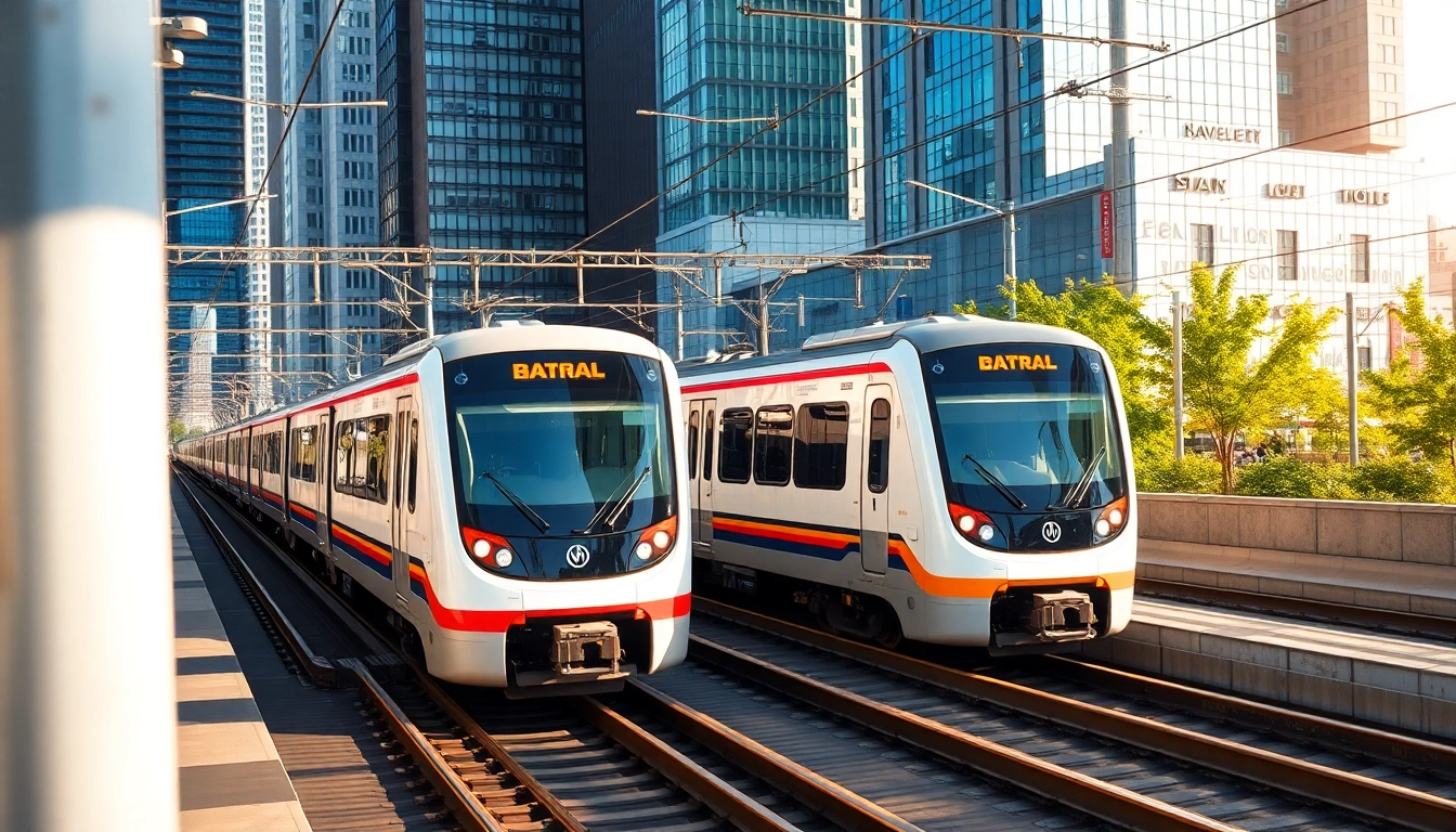 Showcasing innovative rail systems with modern trains in an urban landscape.