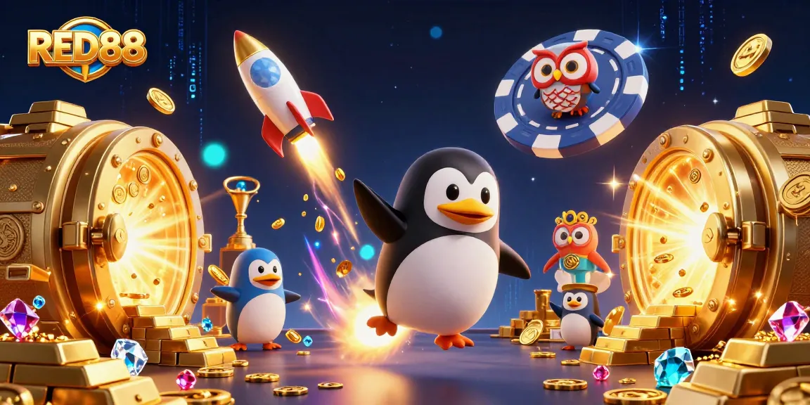 Experience the excitement of RED88 with a dazzling 3D casino adventure featuring a golden penguin!