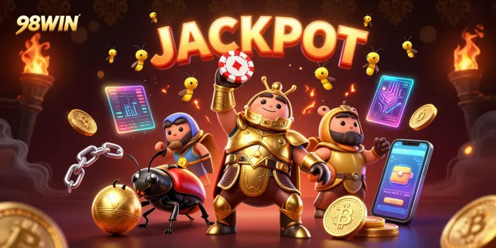 Engage with 98WIN's vibrant universe featuring a victorious beetle and a jackpot display.