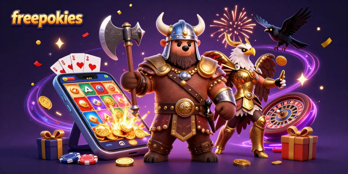 Experience thrilling freepokies gameplay with a dynamic Viking bear and Valkyrie eagle surrounded by casino excitement.
