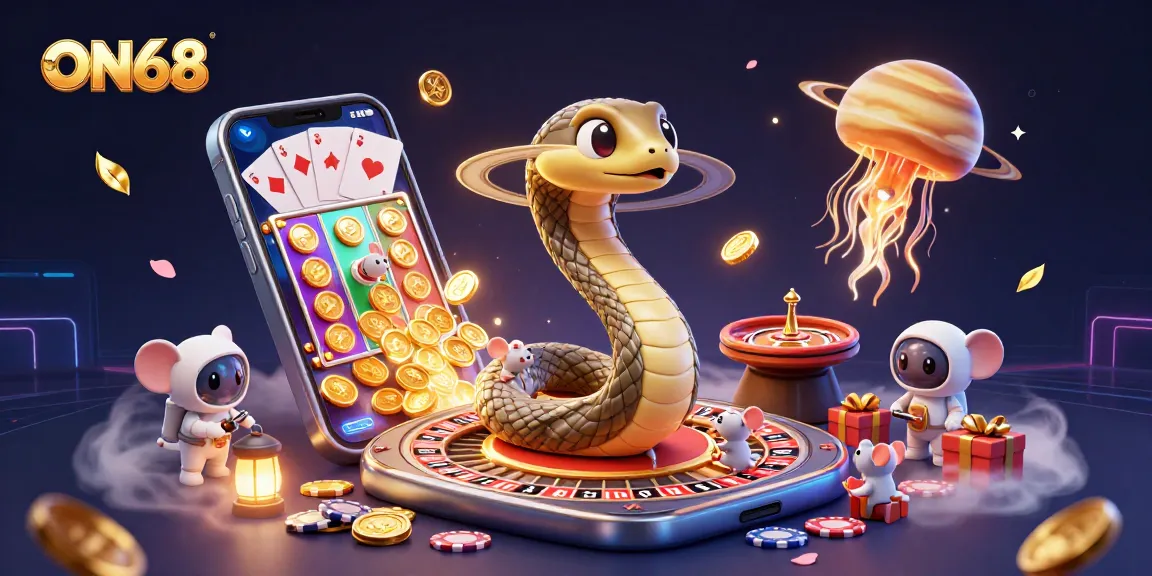 Join the cosmic fun at ON68 with vibrant slots, roulette, and joyful gambler mice!