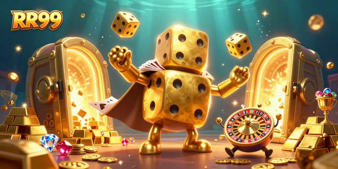 Roll the dice with RR99 as golden characters juggle wins in a vibrant casino scene.