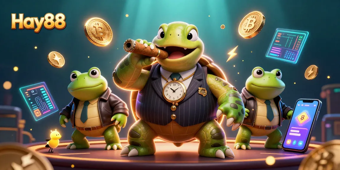 Play games at Hay88 amid vibrant 3D characters displaying crypto themes and casino elements.